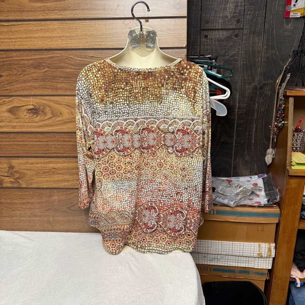 Christopher & Banks XL mosaic Multicolor Patterned Top sequins 3/4 sleeve - Picture 6 of 8